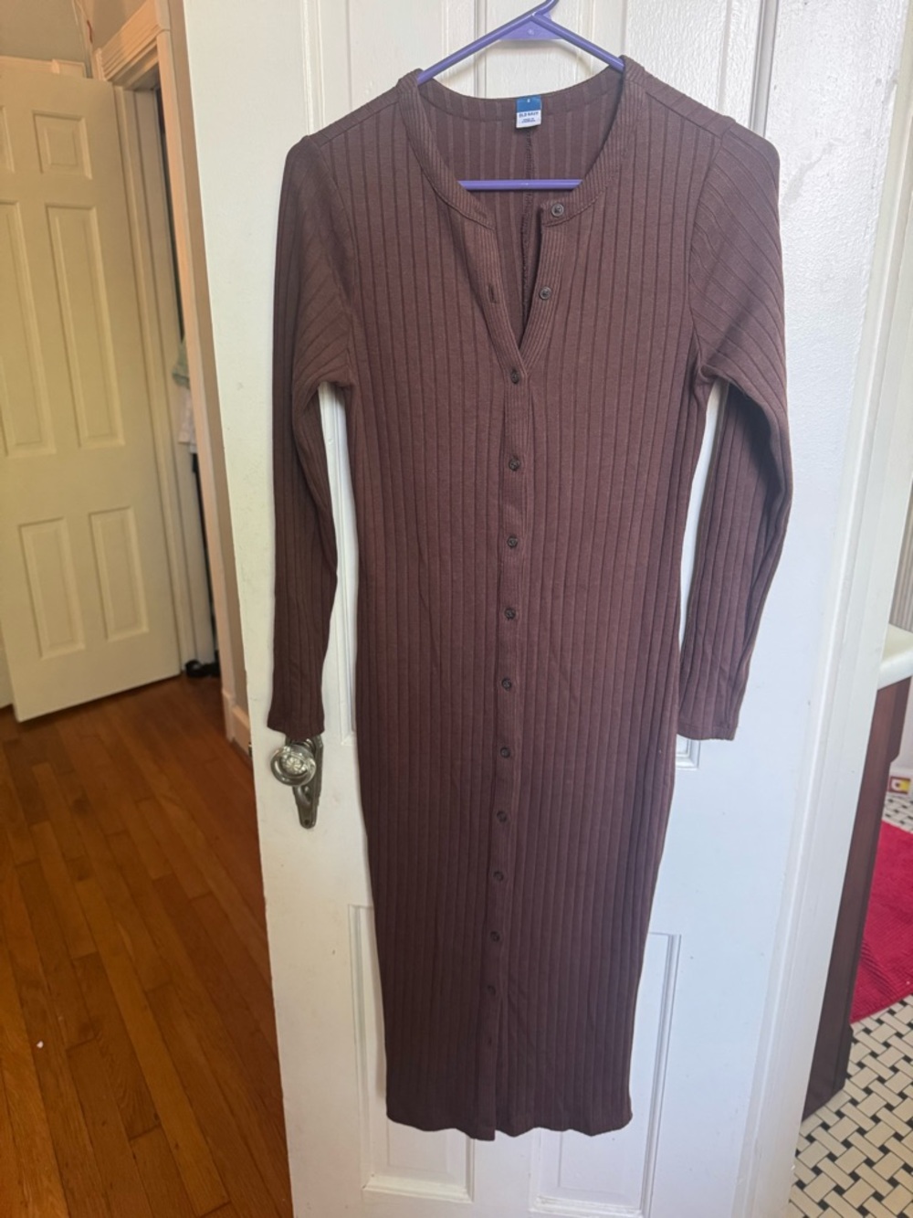 Old Navy Ribbed Long-Sleeve Button-Front Midi Dress - Brown